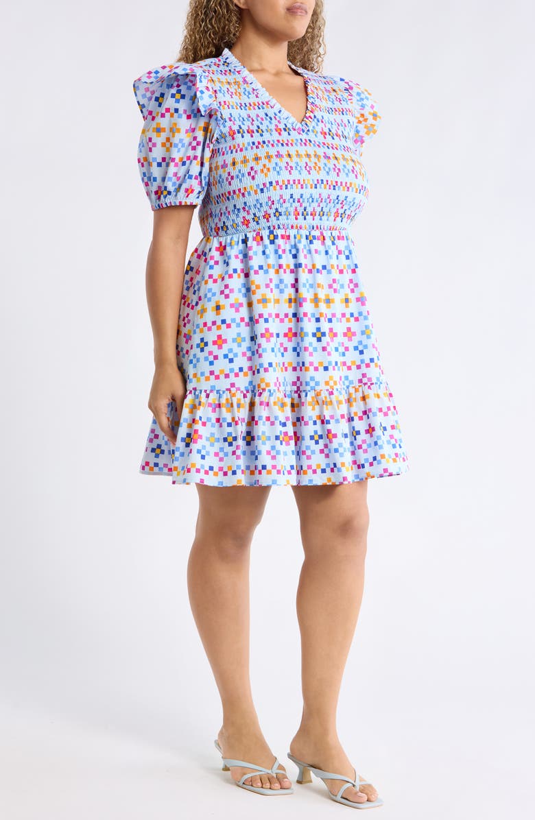 SUGARLIPS Kessa Geo Leones Smocked Minidress, Alternate, color, Lt-Blue-Mult