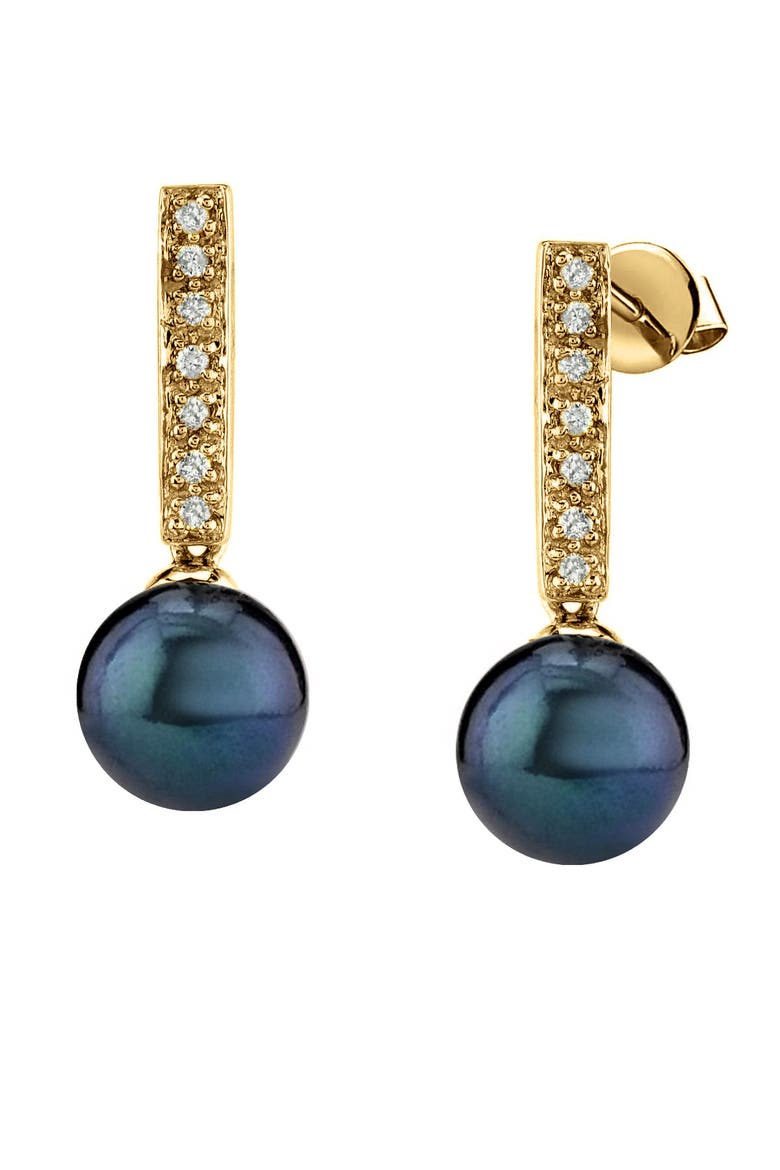 Black Akoya Pearl Dangling Diamond Earrings, Main, color, Yellow Gold