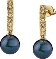 The Pearl Source Black Akoya Pearl Dangling Diamond Earrings