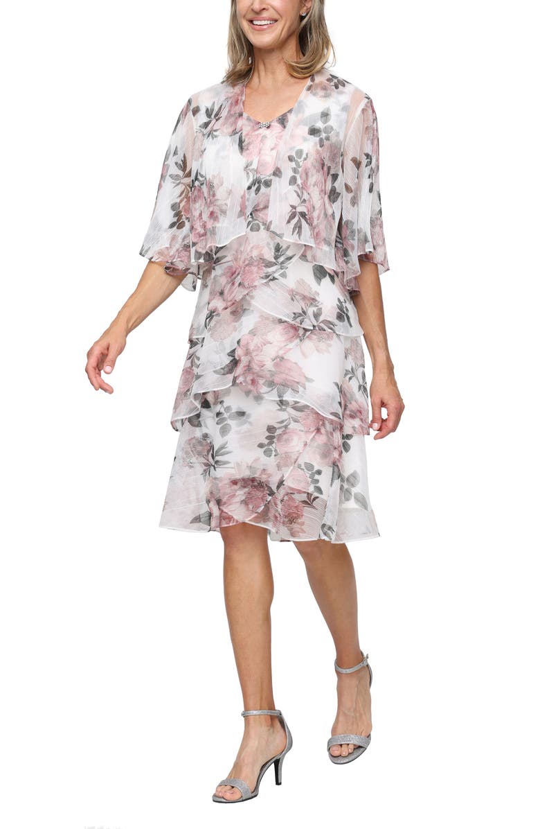 SL FASHIONS Floral Two-Piece Cape Cocktail Dress, Main, color, Blush Multi