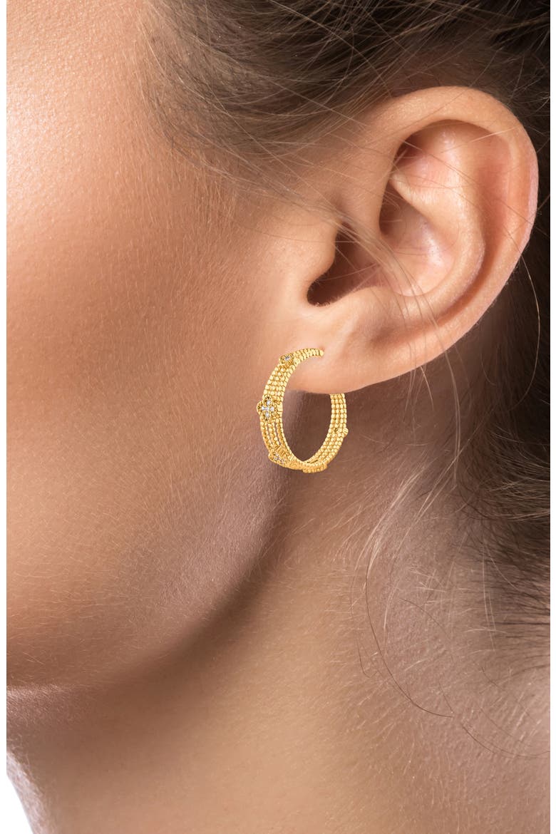 Delicate Clover Cubic Zirconia Hoop Earrings (Nordstrom Exclusive), Alternate, color, CLEAR GOLD