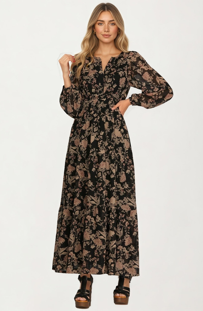Knit and Lounge Long Sleeve Smocked Waist Maxi Dress, Main, color,