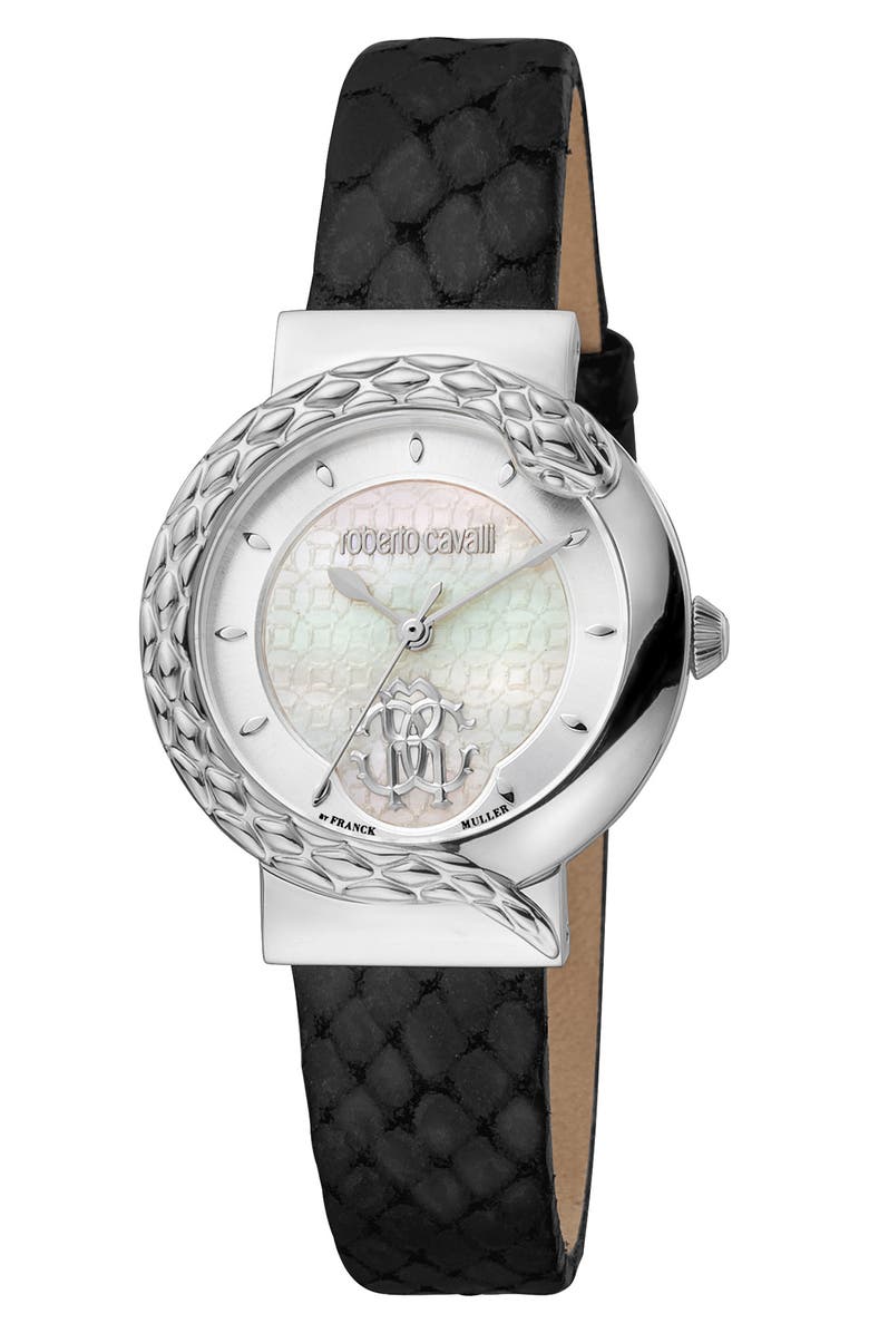 Roberto Cavalli by Franck Muller Snake Embossed Leather Strap Watch, 30mm, Main, color, 