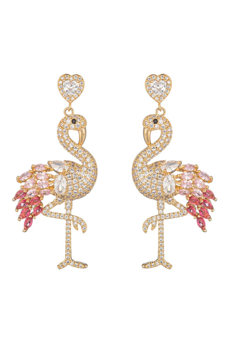 Pink Flamingo Cubic Zirconia Drop Earrings, Main, color, GOLD