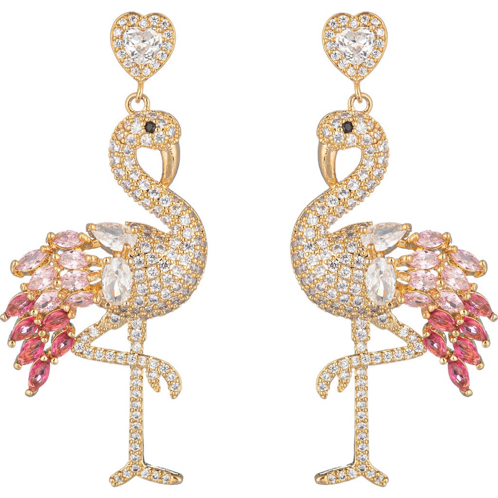 Eye Candy Los Angeles Pink Flamingo Cubic Zirconia Drop Earrings In Gold