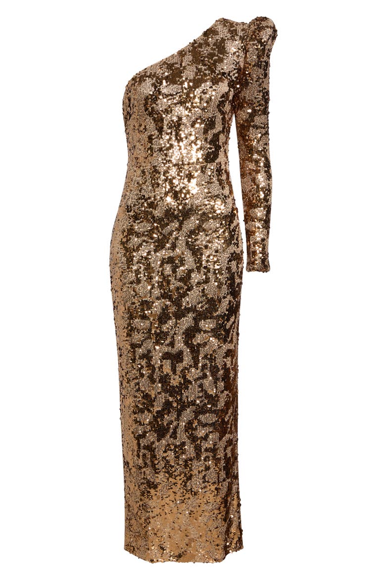 Sabrina Stretch Sequin One Shoulder Long Sleeve Gown, Alternate, color, COPPER