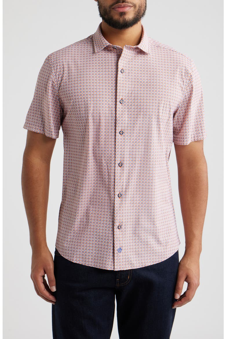 XC+™ Motion Geo Print Short-Sleeve Performance Knit Button-Up Shirt, Main, color, ORANGE QUAD GRID