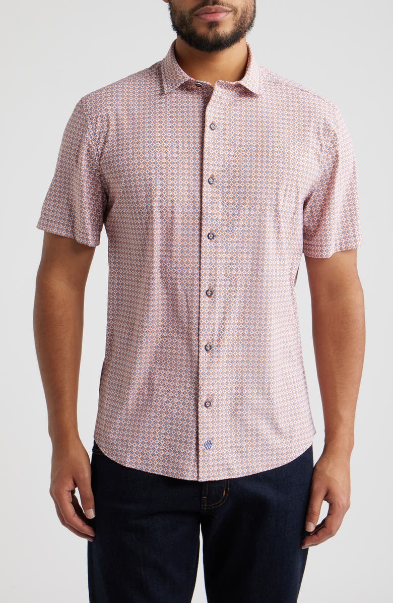 Johnston & Murphy XC+<sup>™</sup> Motion Geo Print Short-Sleeve Performance Knit Button-Up Shirt, Main, color, Orange Quad Grid