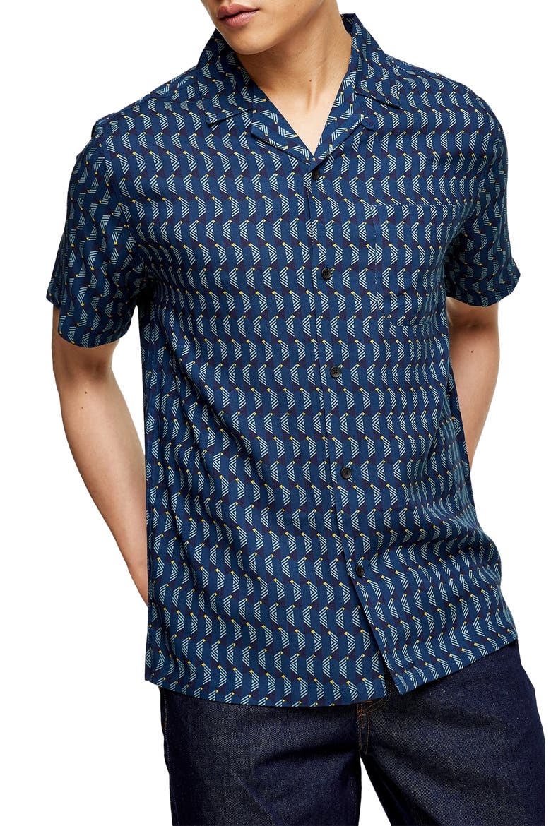 Slim Fit Geometric Print Camp Shirt, Main, color, NAVY BLUE