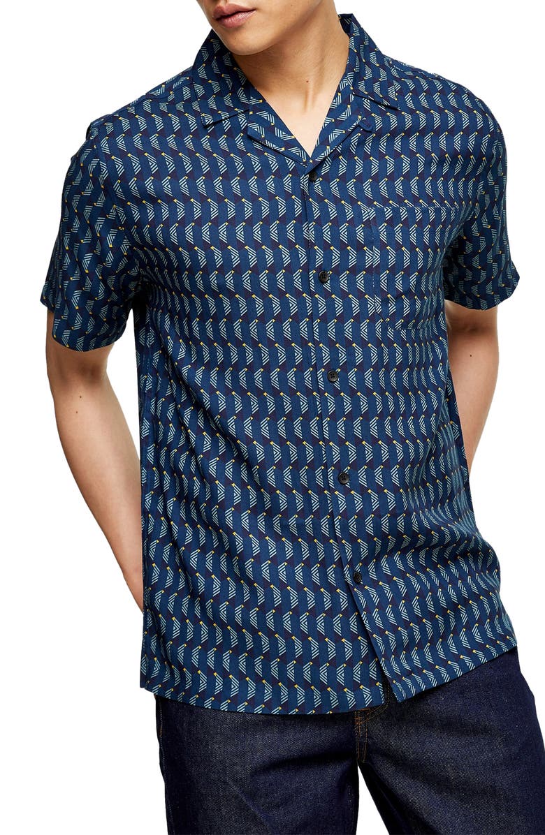 Topman Slim Fit Geometric Print Camp Shirt, Main, color, 