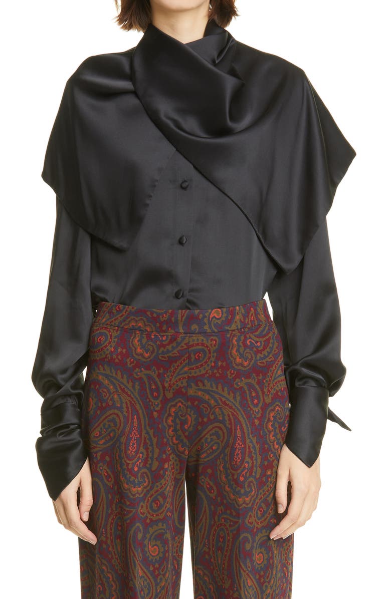 Rosetta Getty Drape Scarf Silk Blouse, Main, color, 