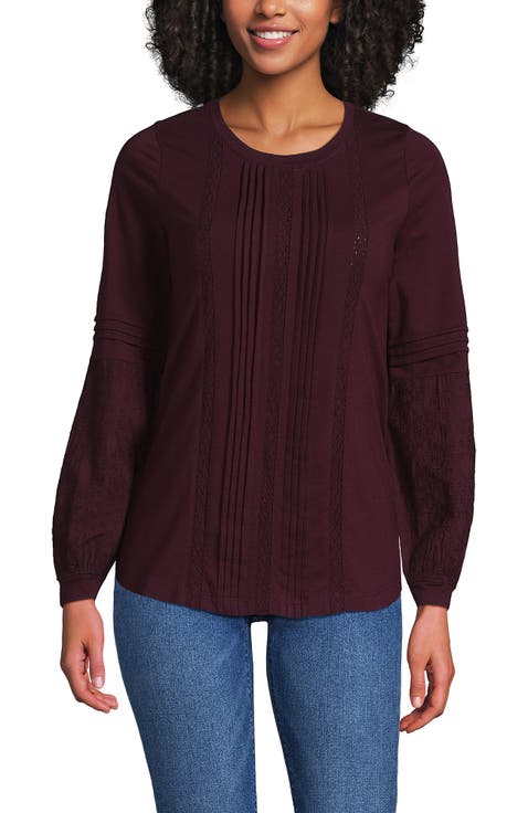 Lightweight Jersey Lace Mix Long Sleeve Pintuck Top