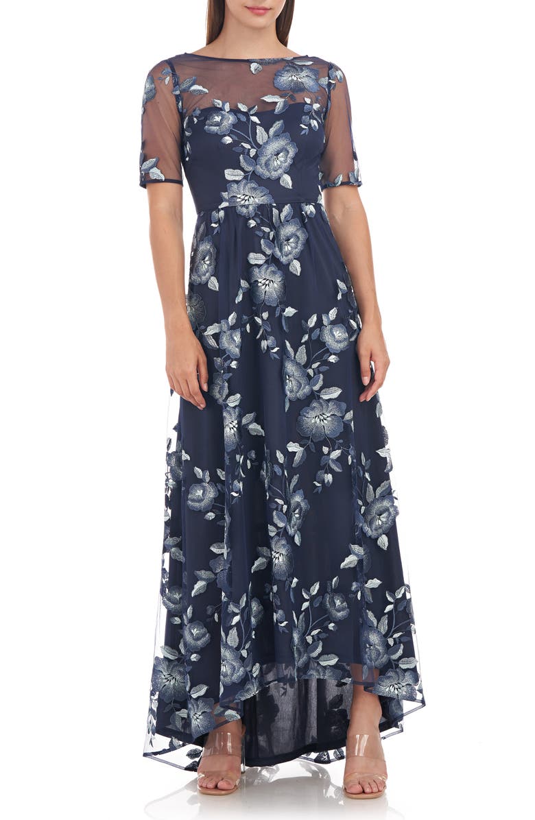 JS Collections Presley Floral Embroidered High-Low Gown, Main, color,