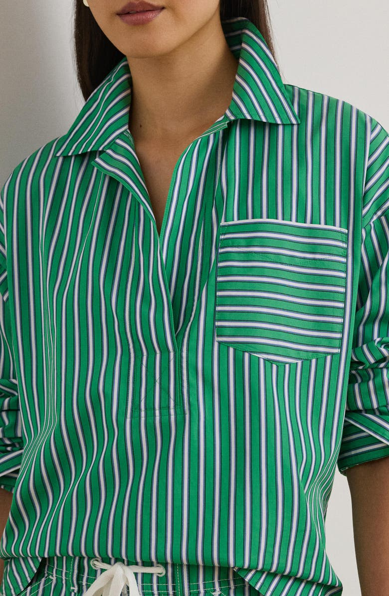 Lauren Ralph Lauren Stachee '70s Stripe Cotton Broadcloth Popover Shirt, Alternate, color, Green/ White Multi