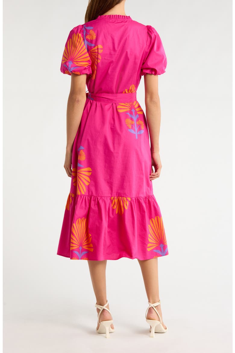 Melian Placed Floral Tiered Cotton Midi Dress, Alternate, color, FUCHSIA-ORANGE