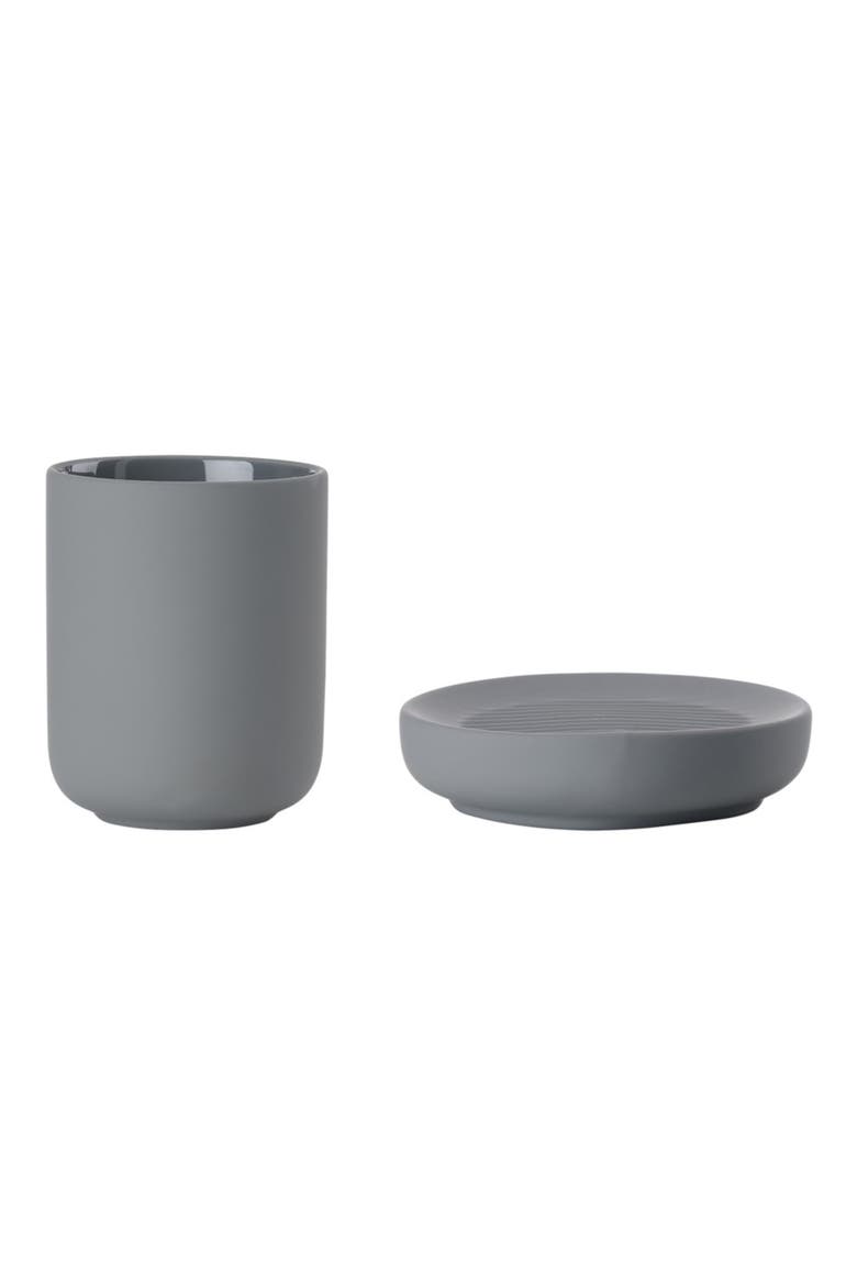 Ume Soap Dish & Toothbrush Mug Stoneware Set, Main, color, GREY