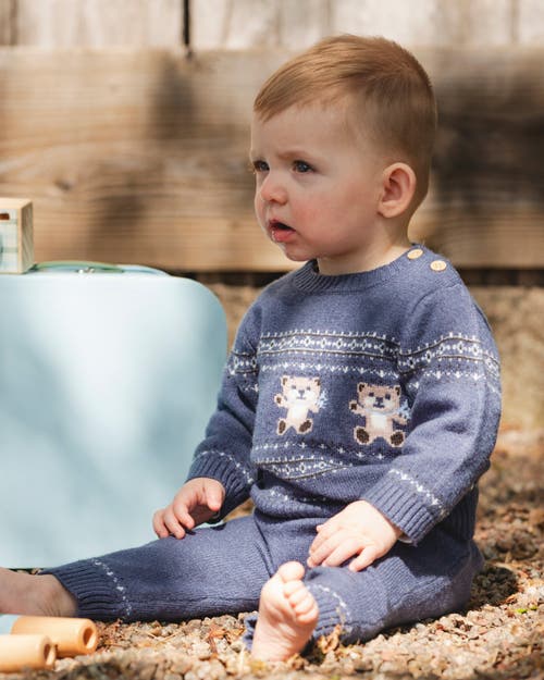 Deux Par Deux Knitted Jacquard Sweater And Pant Set With Bears In Blue