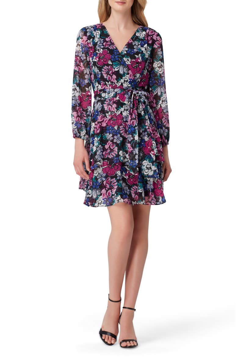Print Long Sleeve Faux Wrap Dress, Main, color, BLACK BERRY BLOOM