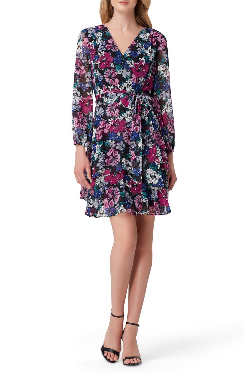 Tahari Print Long Sleeve Faux Wrap Dress, Main, color, 