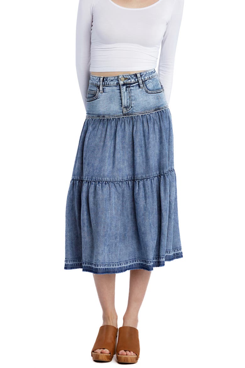 Tiered Denim Midi Skirt, Alternate, color, FLARE BLUE