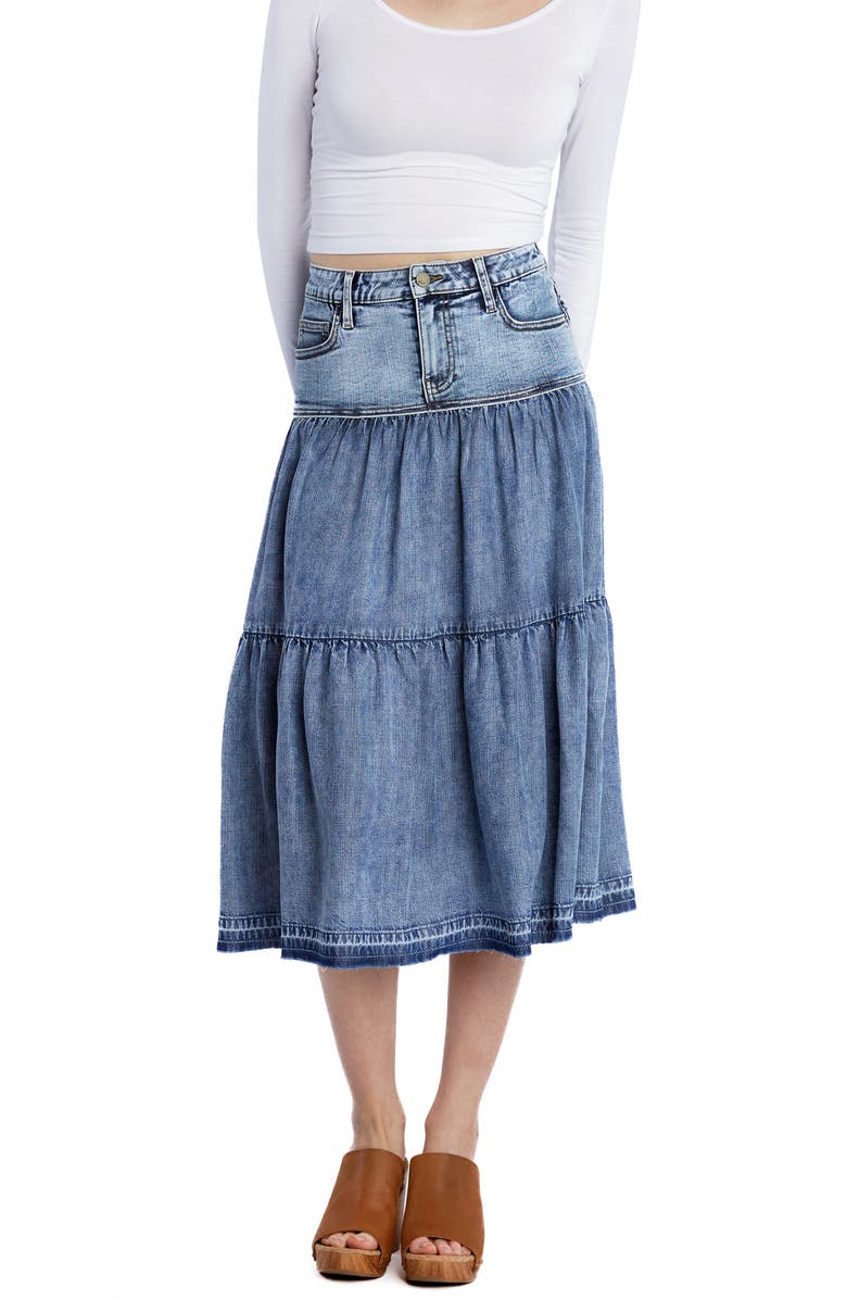 Wash Lab Denim Tiered Denim Midi Skirt, Alternate, color, Flare Blue