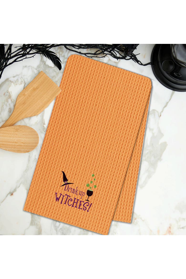 Drink Up Witches Halloween Cotton Waffle Weave Kitchen Towel, Alternate, color, Orange
