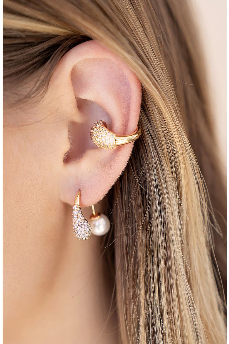 Pavé Teardrop & Freshwater Pearl Front Back Earrings, Alternate, color, GOLD