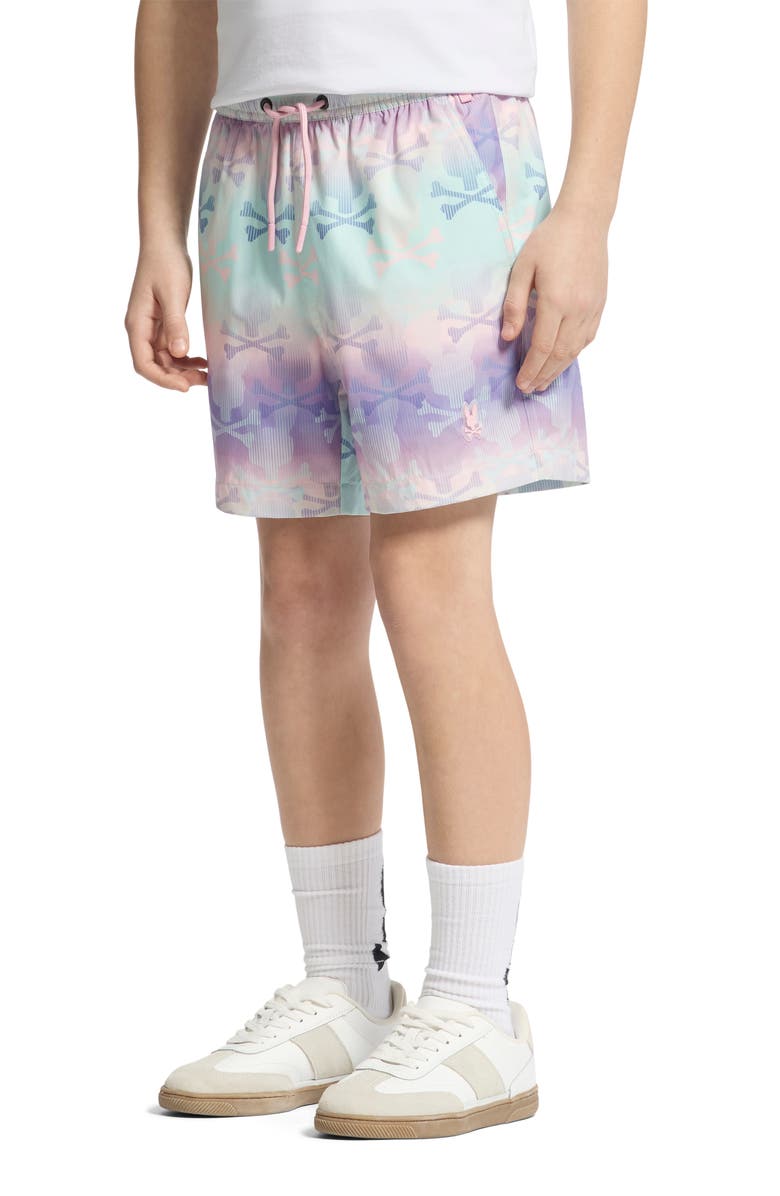 Psycho Bunny Kids' Forster Bunny Print Swim Trunks, Alternate, color, Lavender Gray