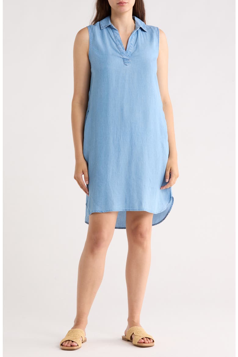 Jinni Split Neck Sleeveless Denim Shift Dress, Main, color, LIGHT WASH