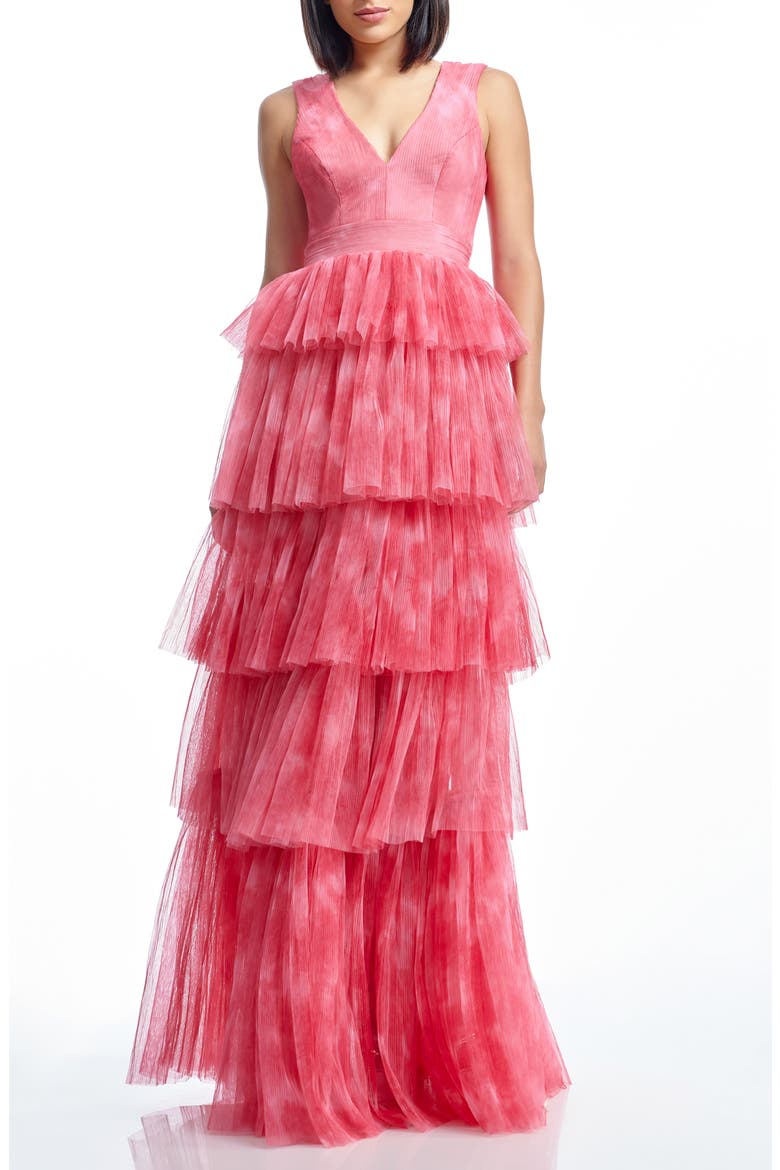 Radhika Tiered Plissé Tulle Gown, Main, color, RASPBERRY MULTI