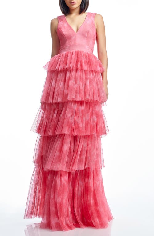 Dress The Population Radhika Tiered Plissé Tulle Gown In Raspberry Multi