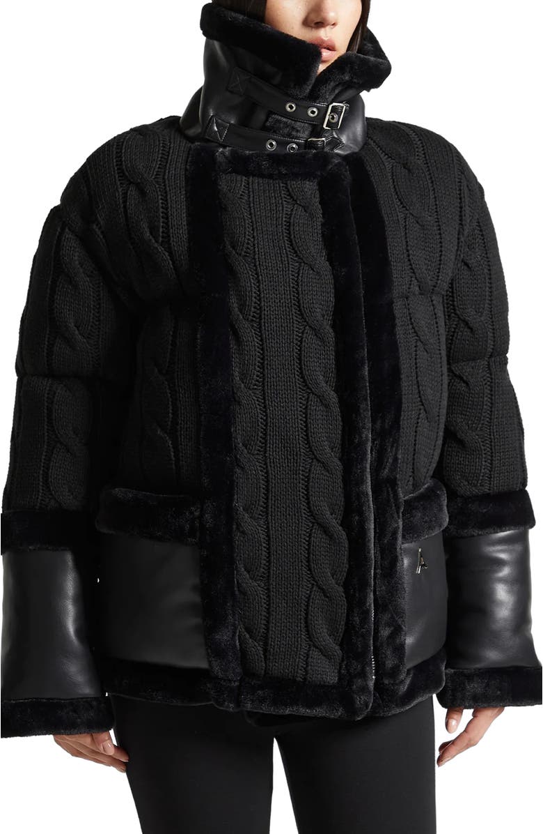 Manière De Voir Tara Knit and Plush Puffer Biker Jacket, Alternate, color, Black