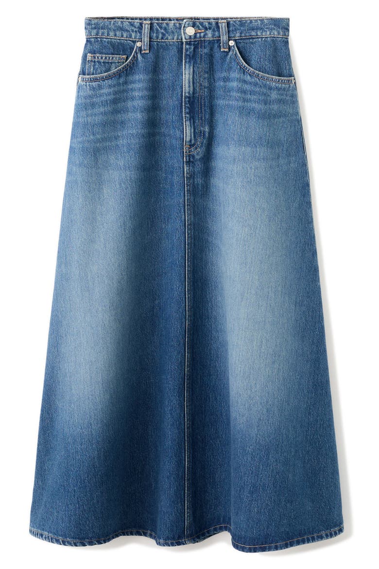 A-Line Denim Midi Skirt, Alternate, color, DARK BLUE