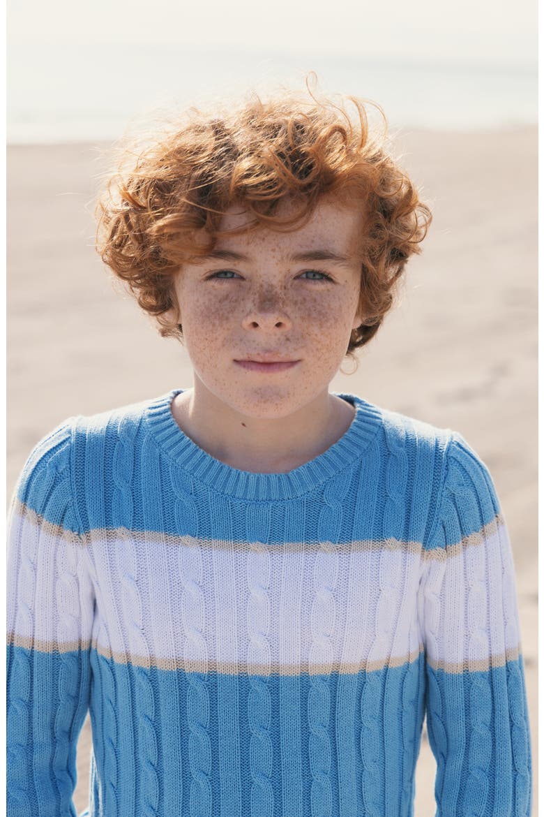 Kids' Organic Cable Crewneck Pullover Sweater, Alternate, color, Bluebell Stripe