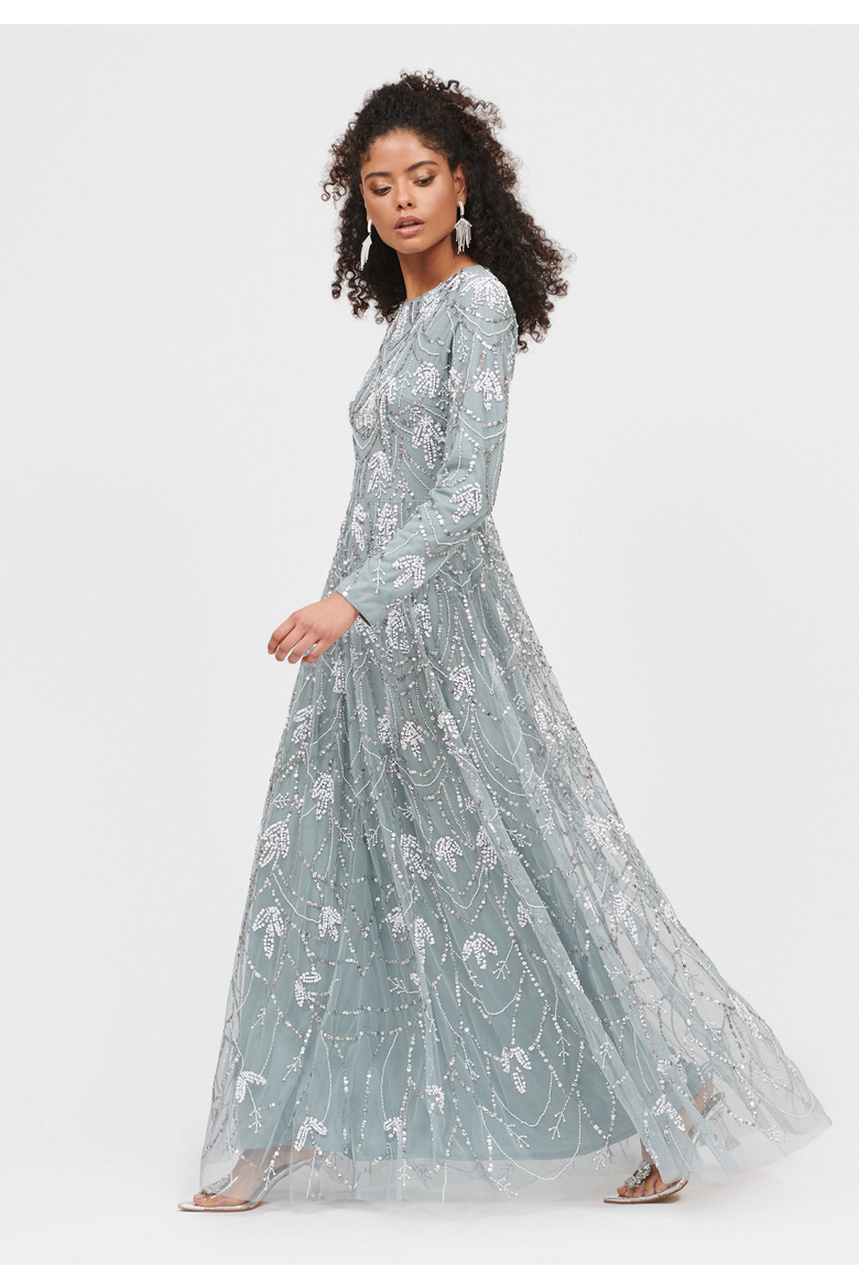 Occasion Modest Embellished Sequin Beaded Floral Evening Maxi Dress, Alternate, color, MISTY GREY