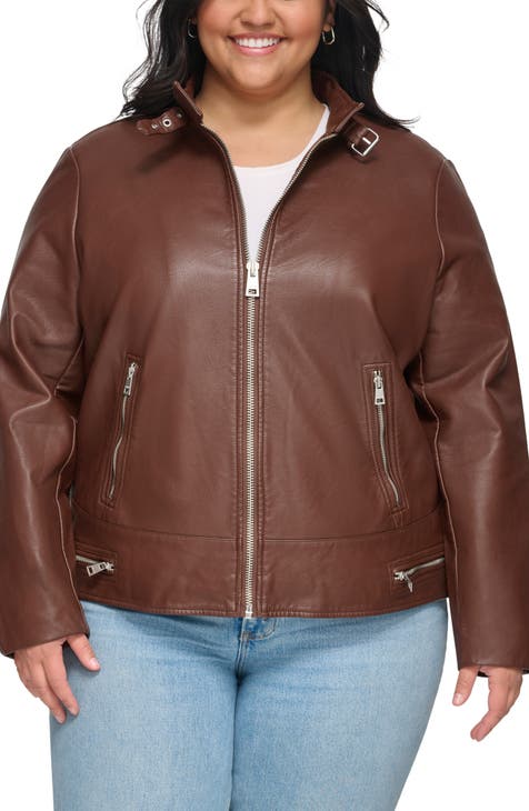 Ladies plus size leather coats hotsell