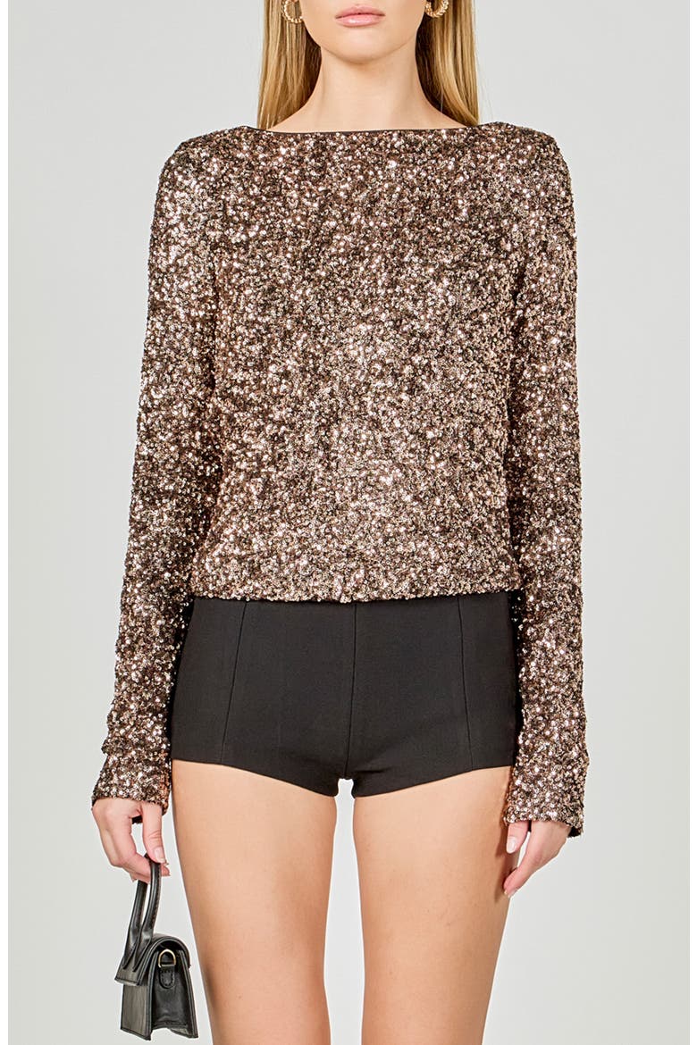 Sequined Long Sleeve Fitted Top, Main, color, BRONZE