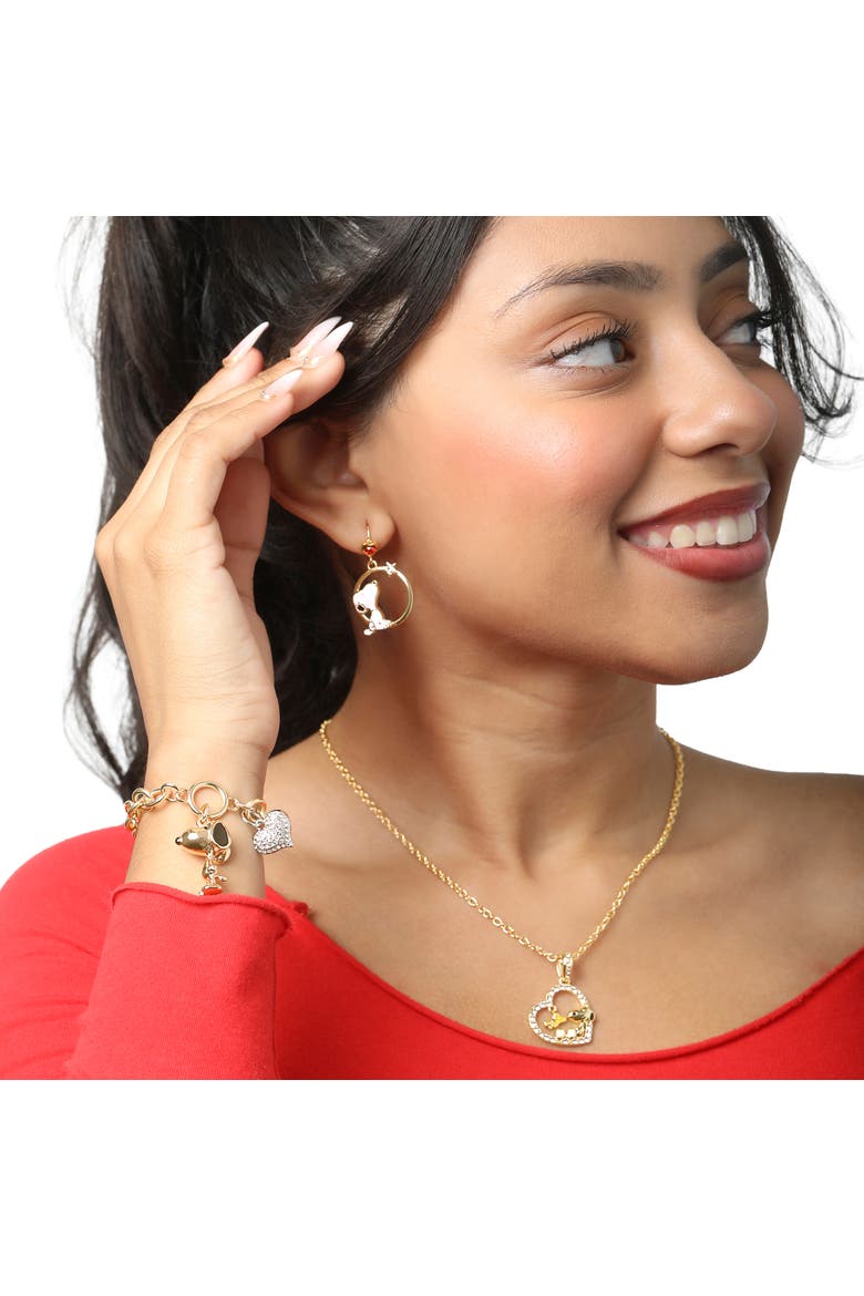 Woodstock and Snoopy Necklace, Crystal Heart Pendant, 16"+2", Alternate, color, Gold