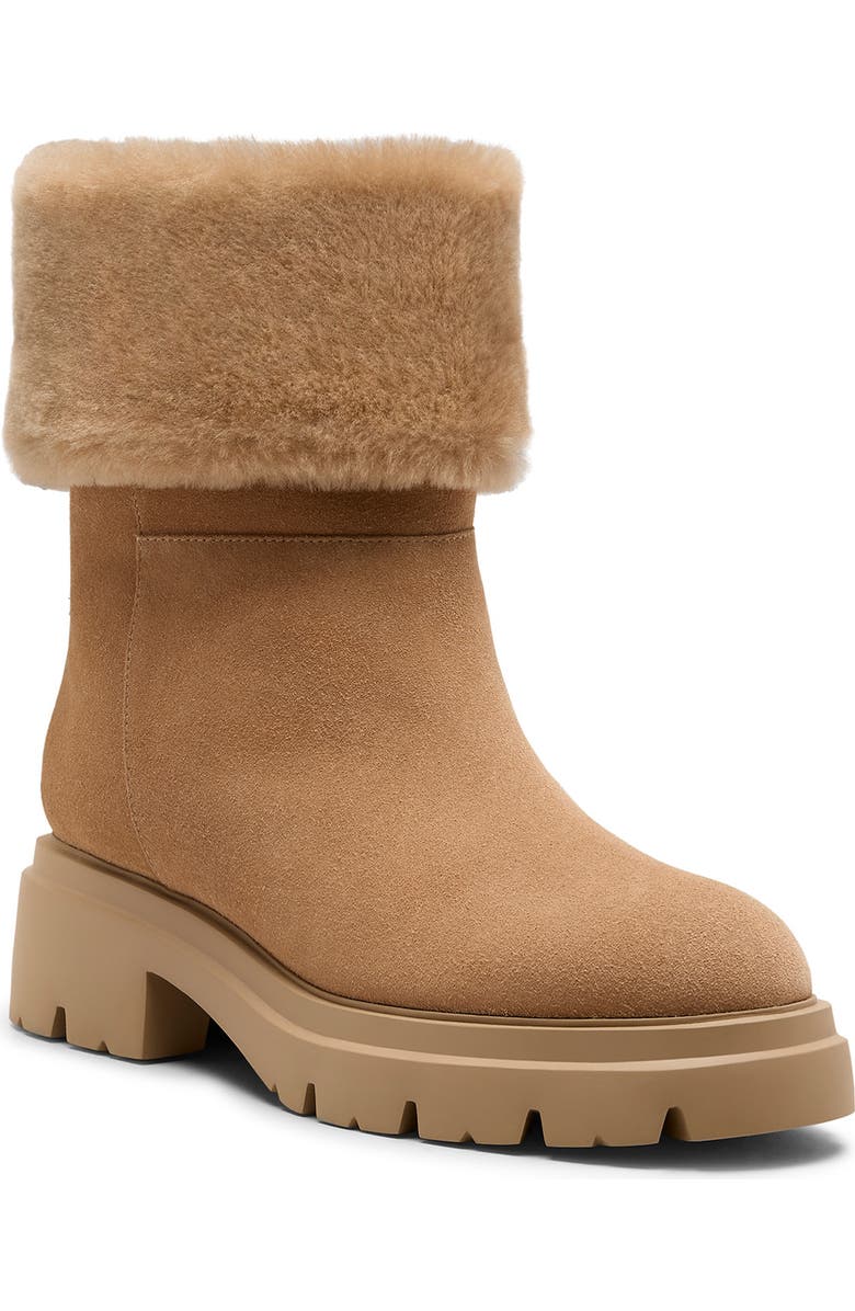 Stuart Weitzman Hudson Genuine Shearling Cuff Bootie, Main, color, New Camel