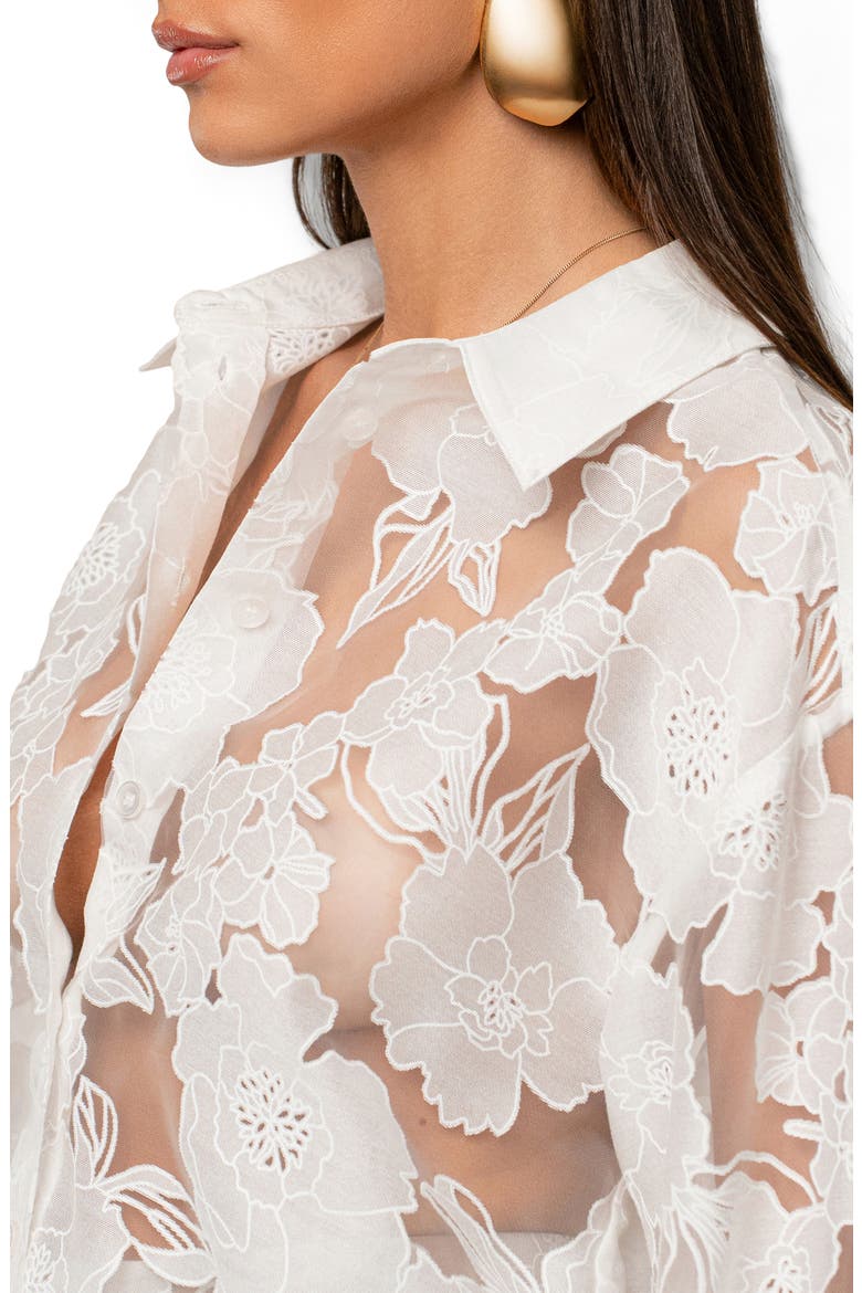 Embroidered Floral Cotton Blend Organza Button-Up Shirt, Alternate, color, IVORY