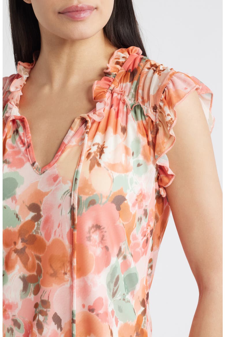 Floral Ruffle Trim Split Neck Top, Alternate, color, BLUSH