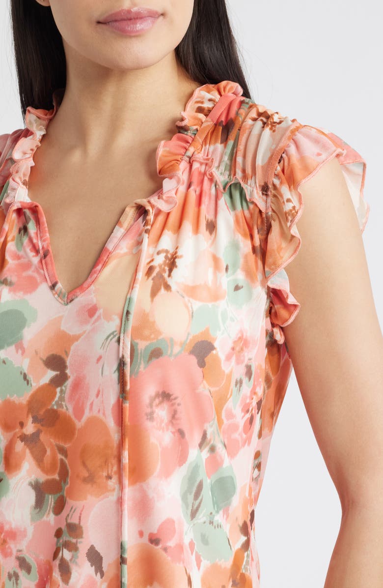 Loveappella Floral Ruffle Trim Split Neck Top, Alternate, color, 