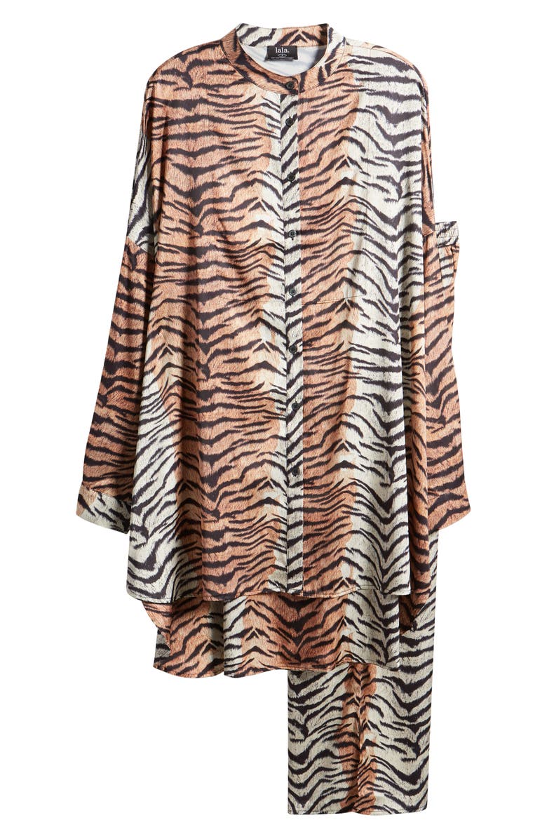 Dressed in Lala Tiger Stripes Oversize Button-Up Satin Shirt & High Waist Crop Pants, Alternate, color,