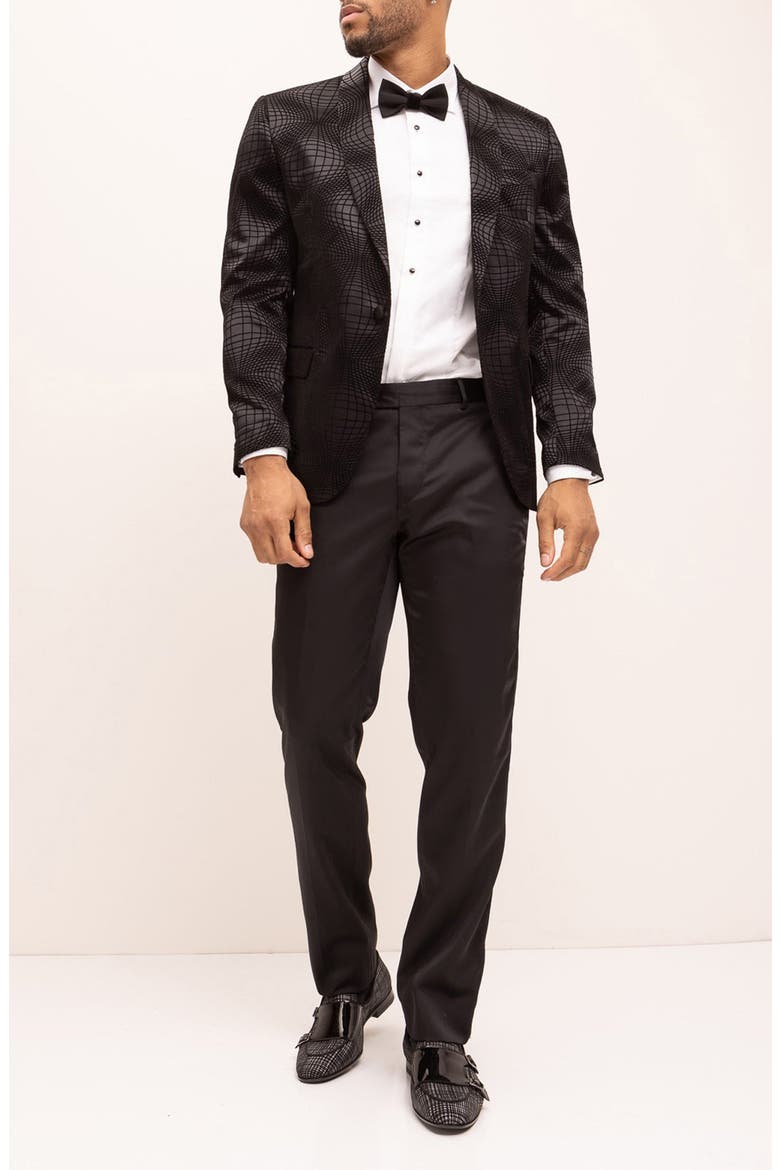 Geometric Flocked Shawl Collar Formal Jacket, Alternate, color, BLACK