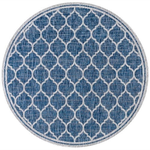 Jonathan Y Trebol Moroccan Trellis Textured Weave Indoor/outdoor Round Area Rug In Navy/gray