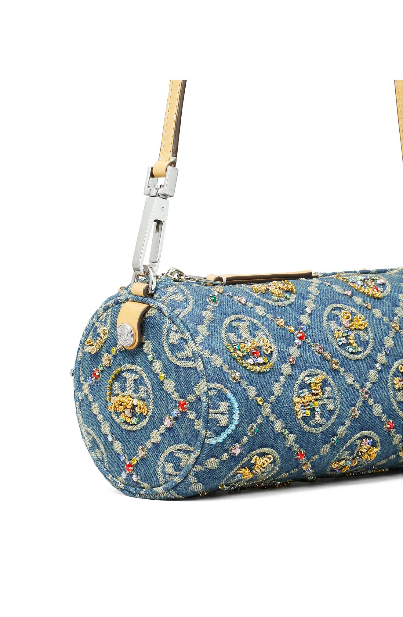 Tory Burch T Monogram Embellished Denim Cylinder Shoulder Bag, Alternate, color, 