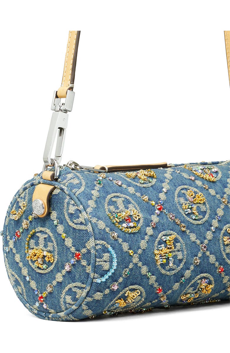 Tory Burch T Monogram Embellished Denim Cylinder Shoulder Bag, Alternate, color,