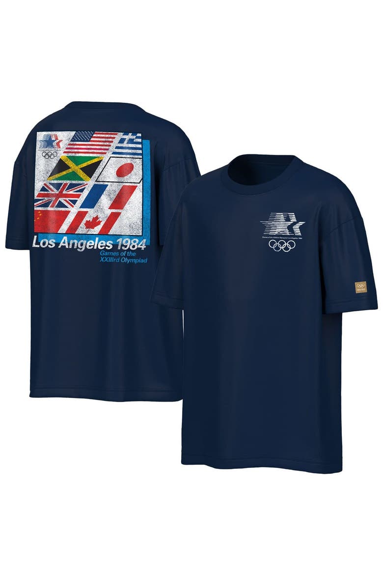 Men's Outerstuff  Navy Los Angeles 1984 Olympic Games Oversized Mascot Emblem & Flags T-Shirt, Main, color, Navy