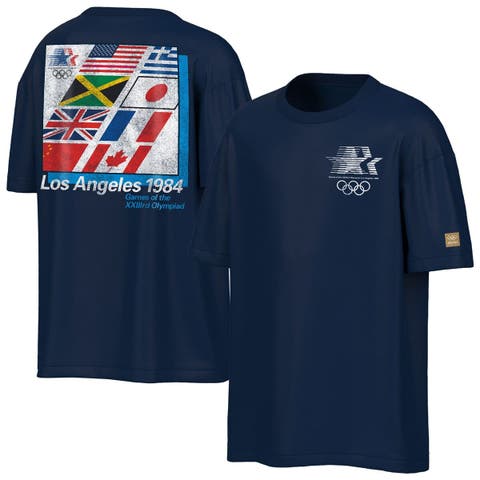 Men's Outerstuff  Navy Los Angeles 1984 Olympic Games Oversized Mascot Emblem & Flags T-Shirt