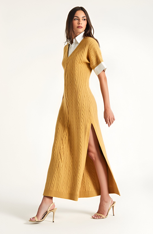 Modenaire Cable-knit Maxi Dress With Side Slit In Yellow